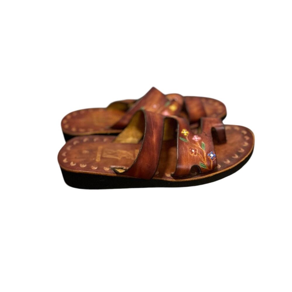 Handmade Artisanal Huarache 9 boho embossed leather mexicana whimsical sandal - Picture 2 of 7